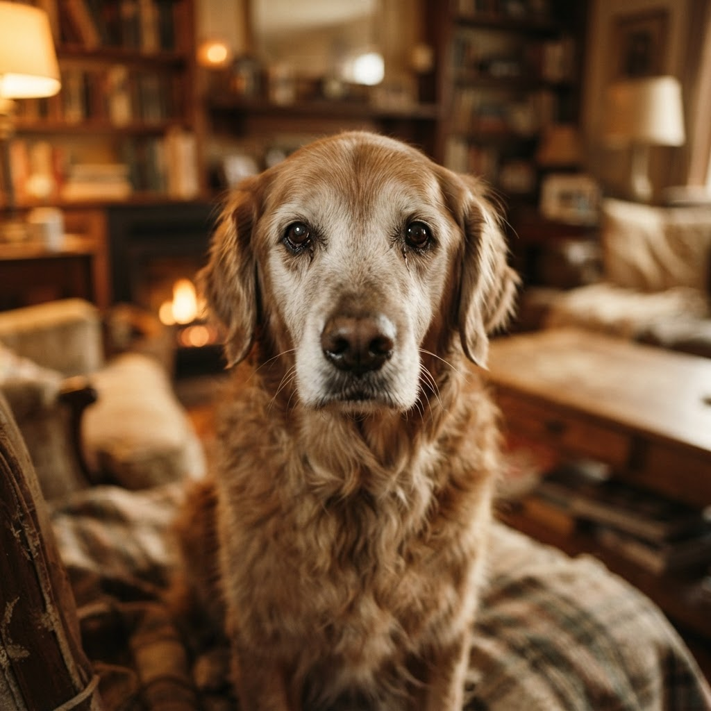 Cachorro idoso de focinho grisalho olhando ternamente para a câmera