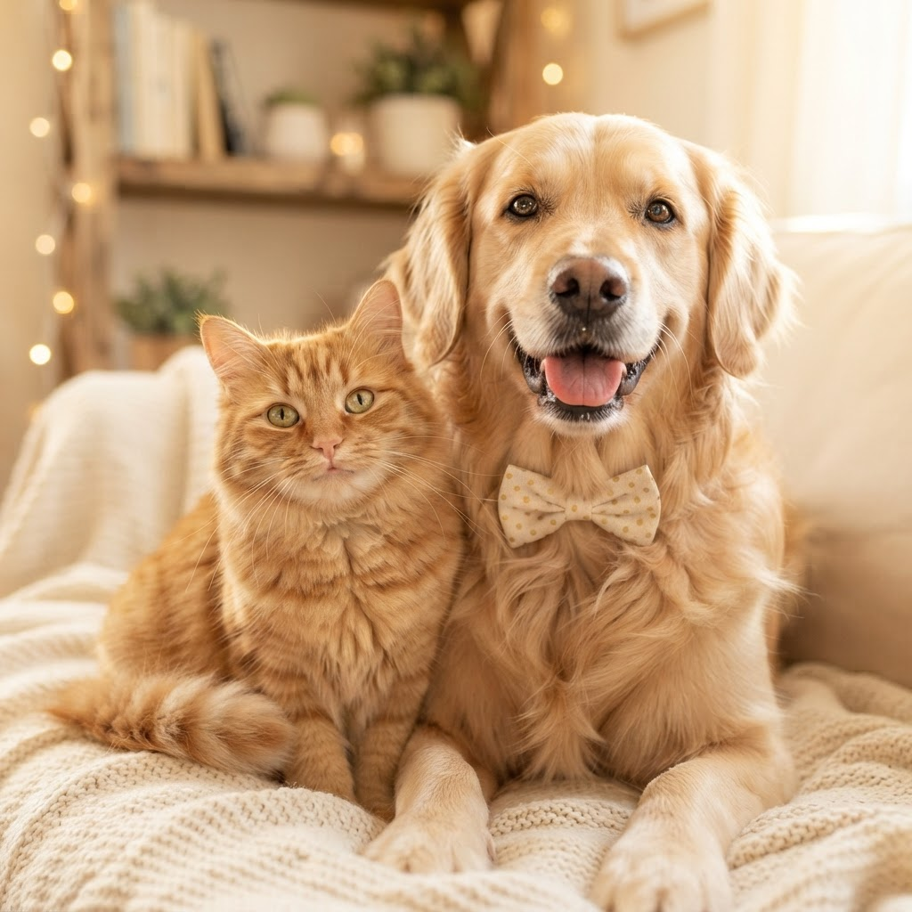 Cachorro e gato felizes com olhos brilhantes olhando para a câmera
