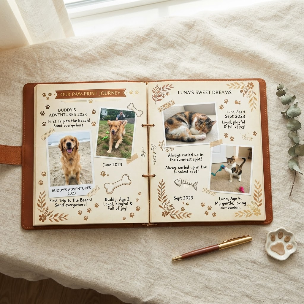Diário de Memórias do Pet aberto sobre uma mesa, mostrando páginas com fotos e registros